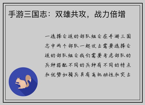 手游三国志：双雄共攻，战力倍增